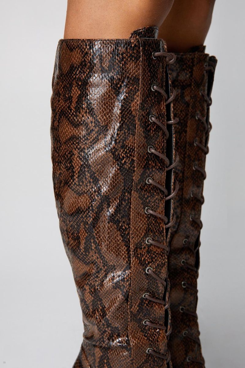 Boty Nasty Gal Faux Læder Snake Pointed Špicí Krajkové Up Knee High Viacfarebný | CZ 9738-KHFVY