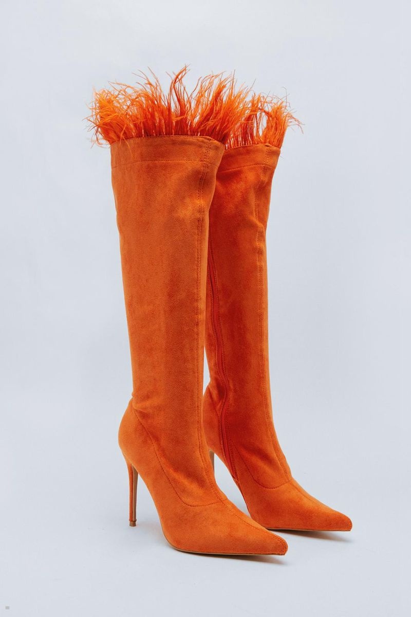 Boty Nasty Gal Faux Semišové Feather Trim Knee High Oranžové | CZ 5637-APXWZ