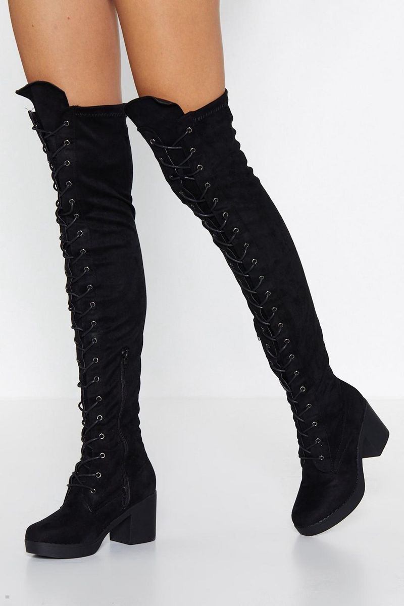 Boty Nasty Gal Krajkové Up Over The Knee Černé | CZ 2593-OZCXM