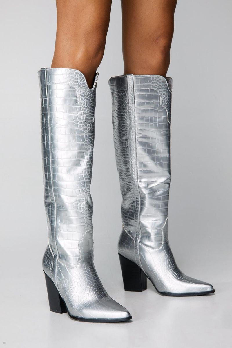 Boty Nasty Gal Metallic Croc Knee High Cowboy Stříbrné | CZ 1542-VMNRU