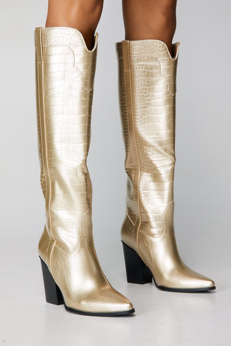 Boty Nasty Gal Metallic Croc Knee High Cowboy Zlaté | CZ 2830-GHYJV