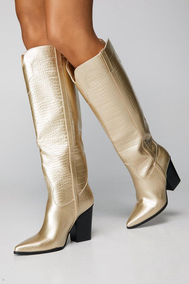 Boty Nasty Gal Metallic Croc Knee High Cowboy Zlaté | CZ 2830-GHYJV