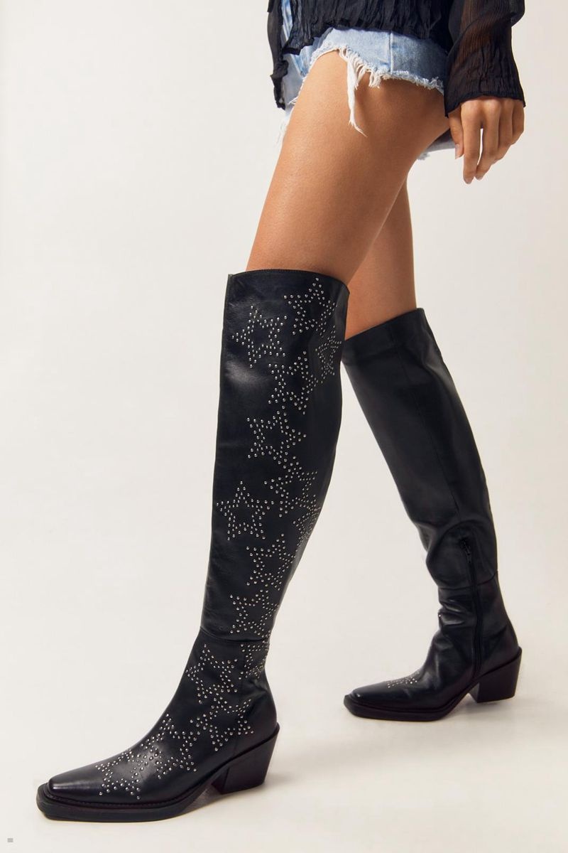 Boty Nasty Gal Real Læder Star Studded Over The Knee Cowboy Černé | CZ 2540-GTWVE