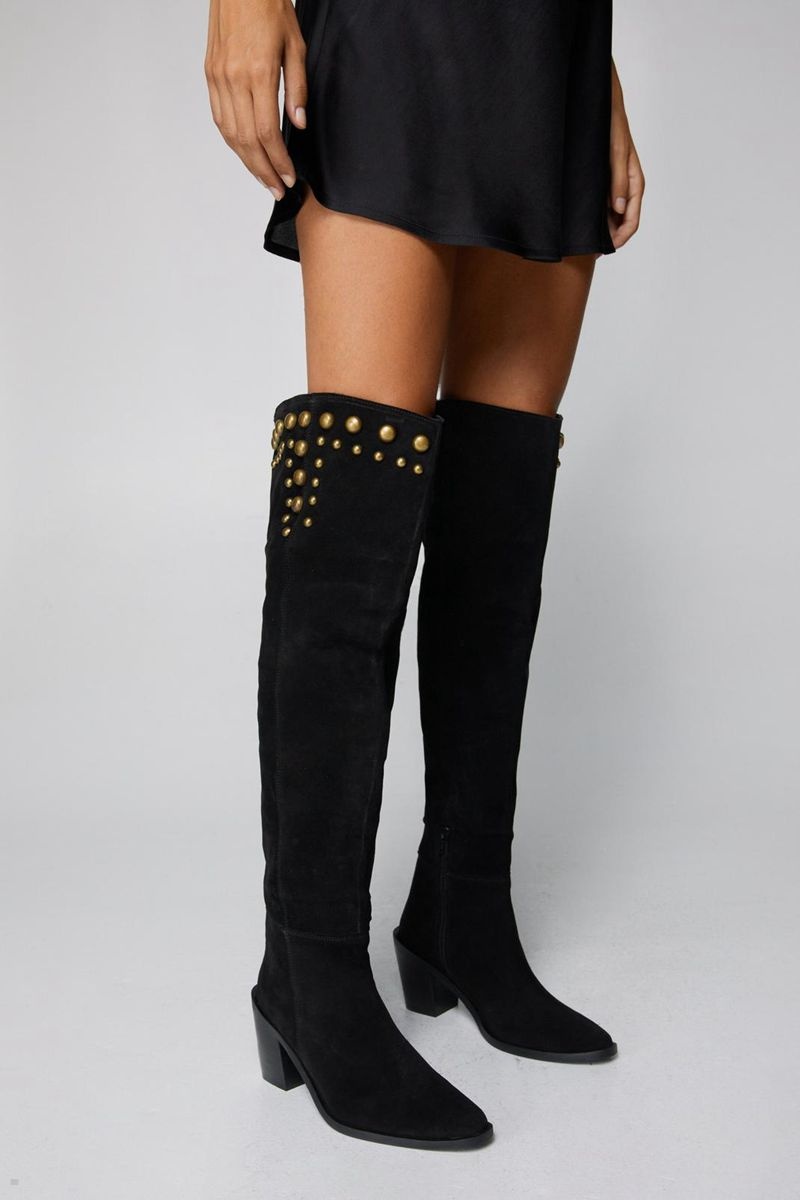 Boty Nasty Gal Real Semišové Slouchy Studded Thigh High Černé | CZ 9418-LBZOX