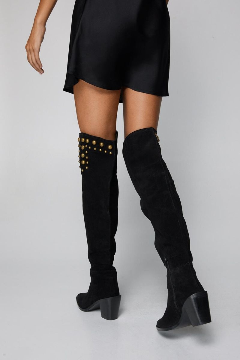 Boty Nasty Gal Real Semišové Slouchy Studded Thigh High Černé | CZ 9418-LBZOX