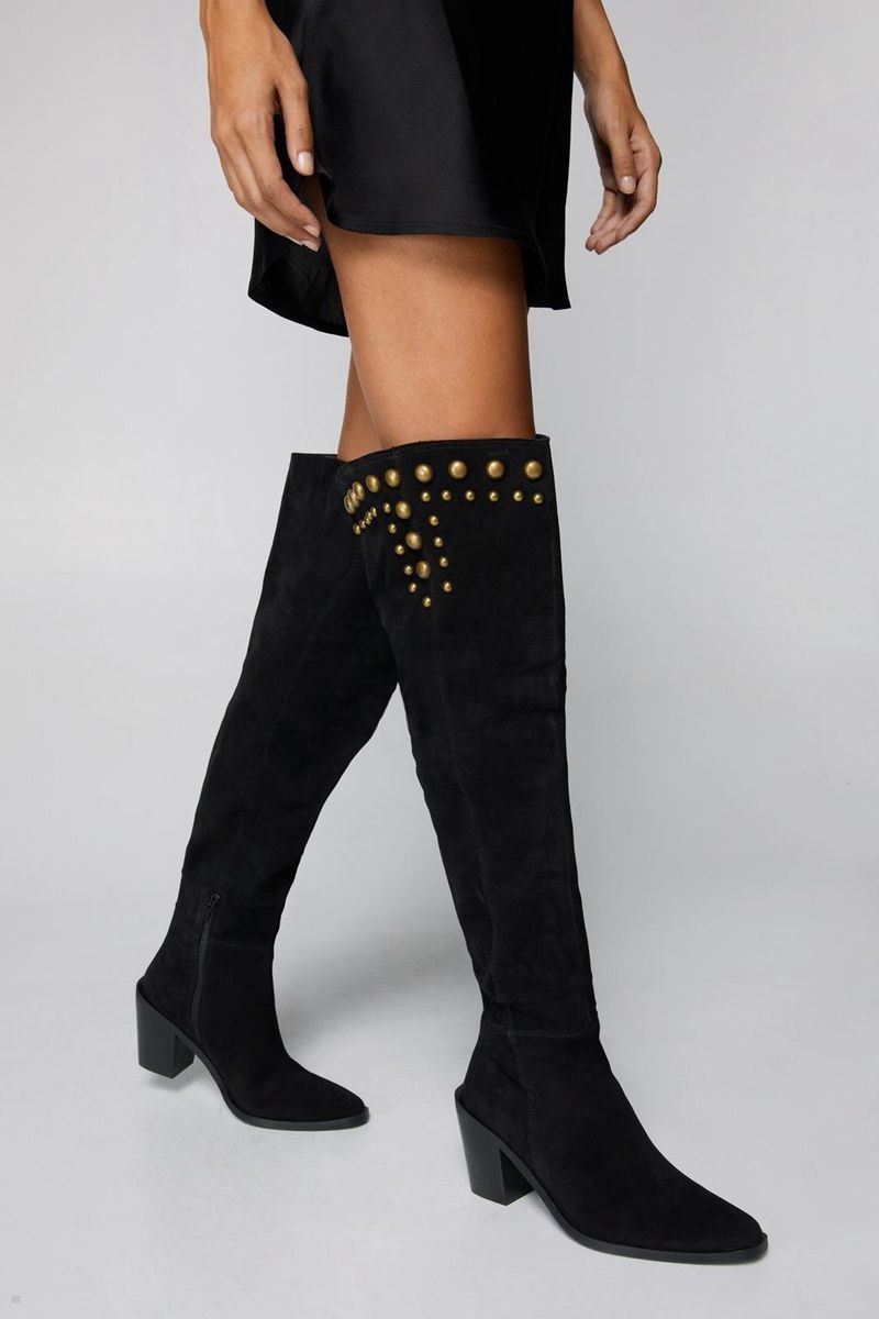 Boty Nasty Gal Real Semišové Slouchy Studded Thigh High Černé | CZ 9418-LBZOX