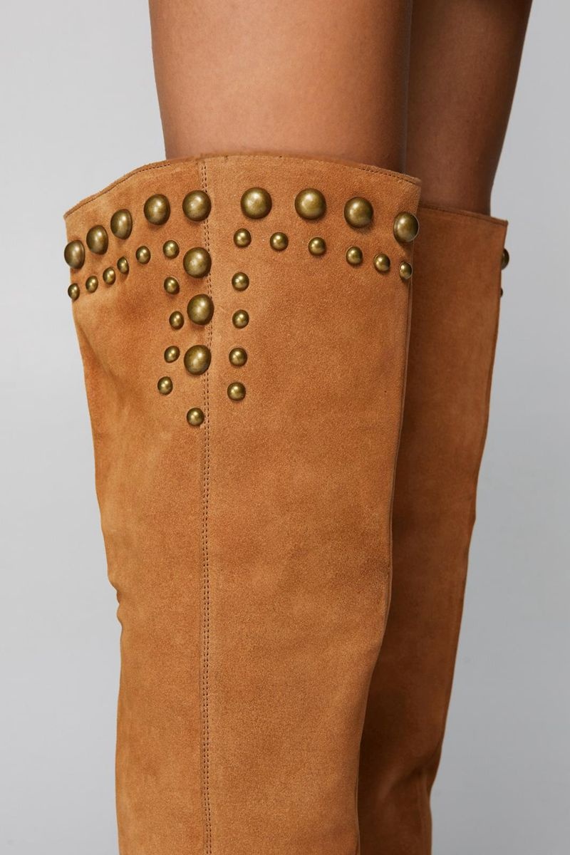 Boty Nasty Gal Real Semišové Studded Over The Knee Hnědé | CZ 5782-FOPRA