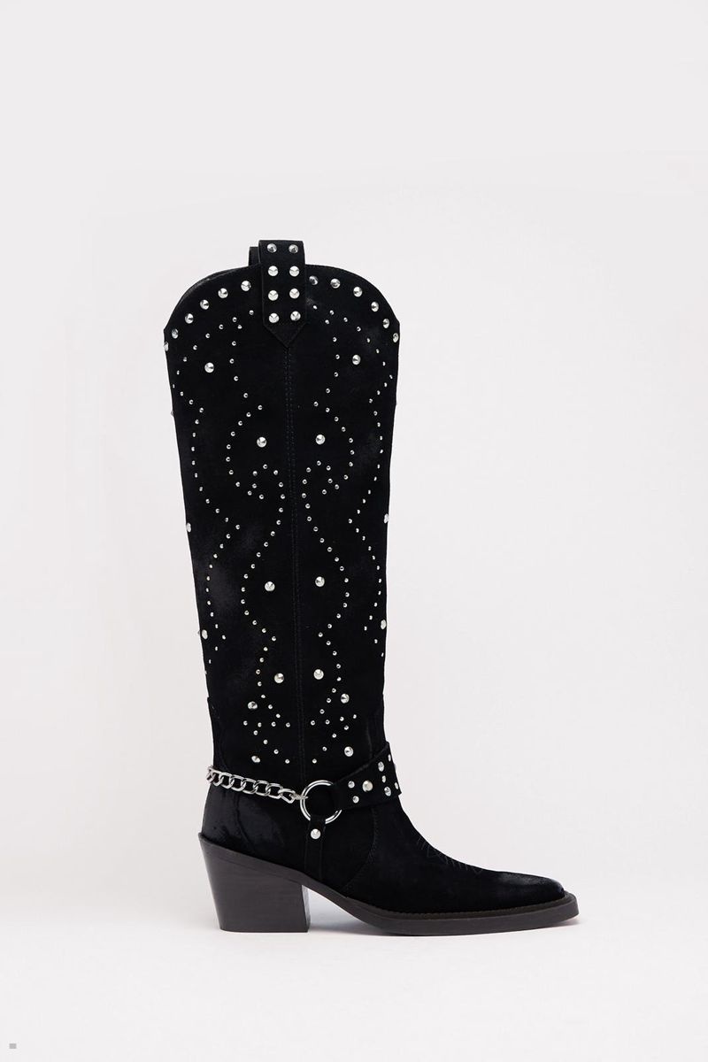 Boty Nasty Gal Semišové Studded Harness Knee High Cowboy Černé | CZ 5708-JKNSE