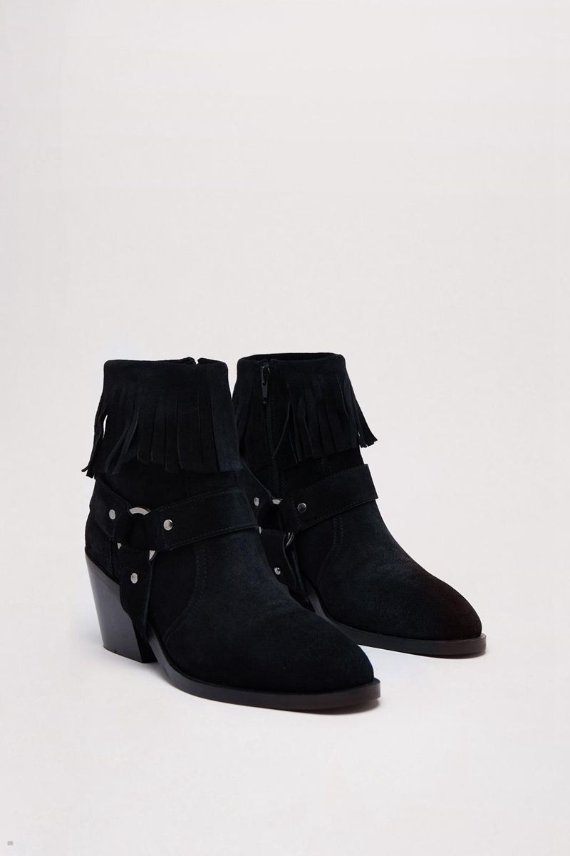 Boty Nasty Gal Tarnished Semišové Fringe Harness Ankle Cowboy Černé | CZ 1567-VHNYG