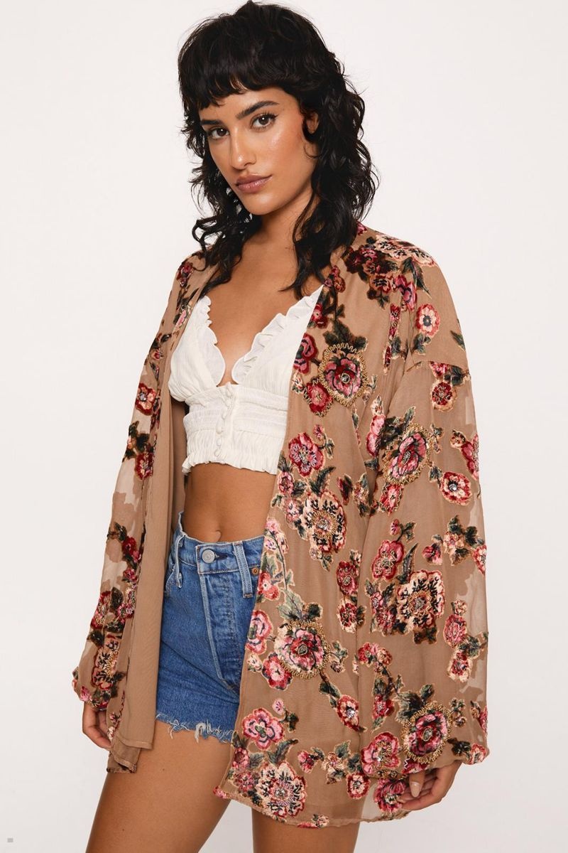 Bunda Nasty Gal Embellished Floral Devore Béžový | CZ 9054-HVWUC