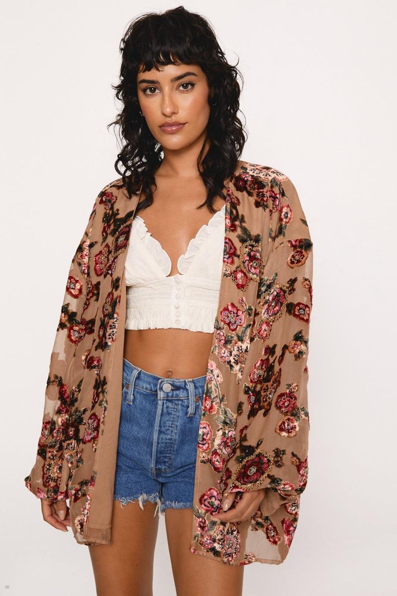 Bunda Nasty Gal Embellished Floral Devore Béžový | CZ 9054-HVWUC