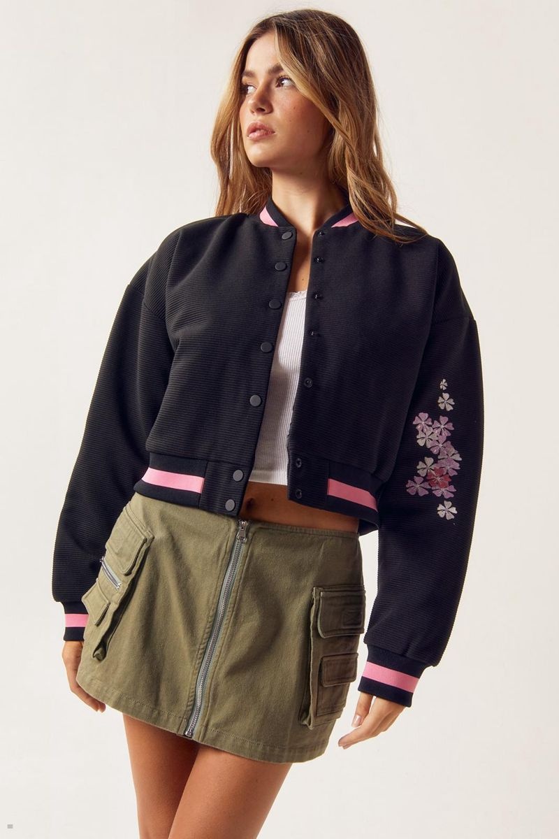 Bunda Nasty Gal Embroidered Knit Varsity Černé | CZ 4531-DVCJN