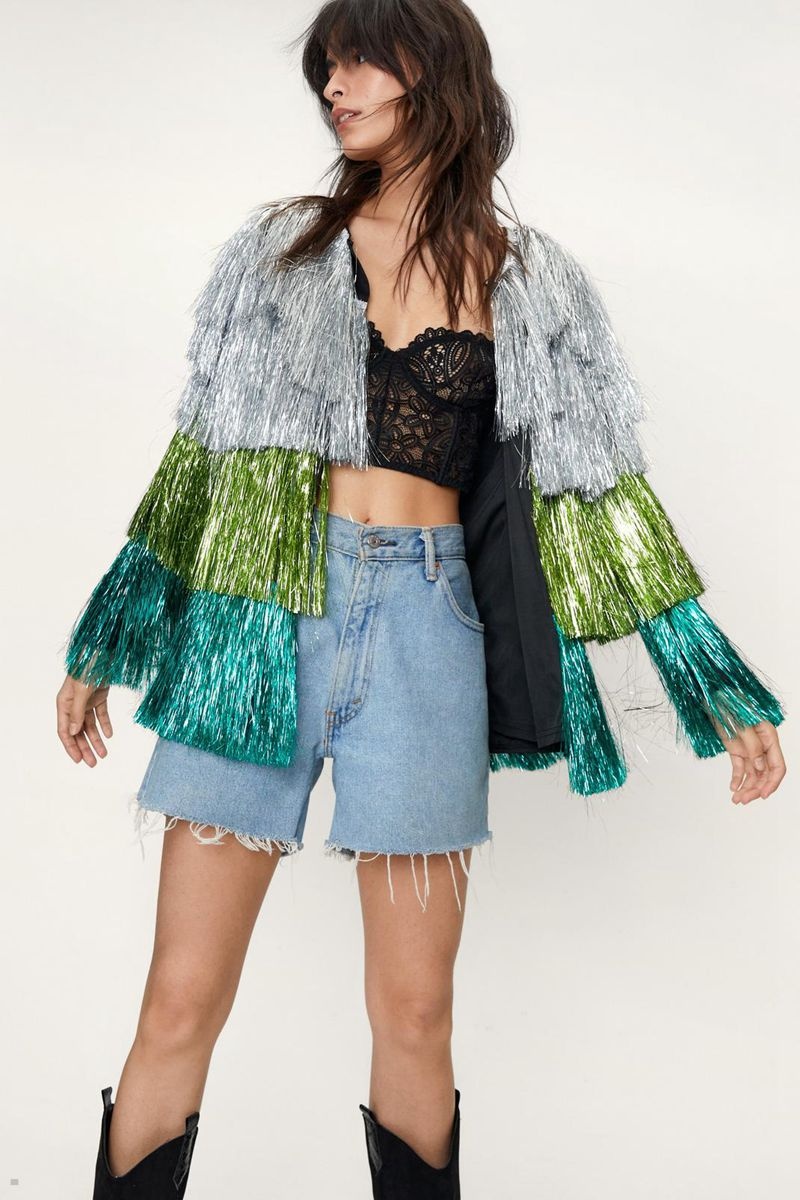 Bunda Nasty Gal Metallic Open Front Tiered Tinsel Fringe Zelene | CZ 6098-XCVHK