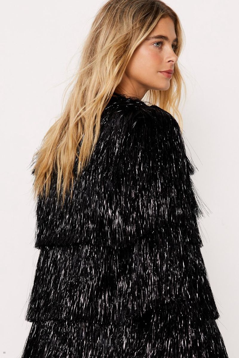 Bunda Nasty Gal Metallic Open Front Tiered Tinsel Fringe Černé | CZ 2147-RDVJC