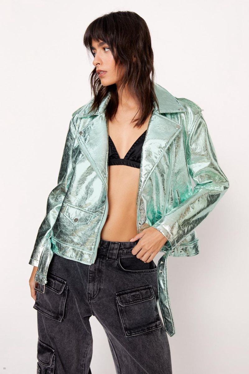 Bunda Nasty Gal Premium Crackle Faux Læder Fringe Moto Mátově Zelená | CZ 2741-UTBVD