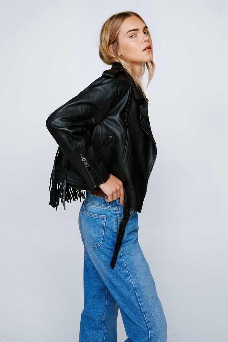 Bunda Nasty Gal Real Læder Extreme Fringe Moto Černé | CZ 0825-ZNXVU