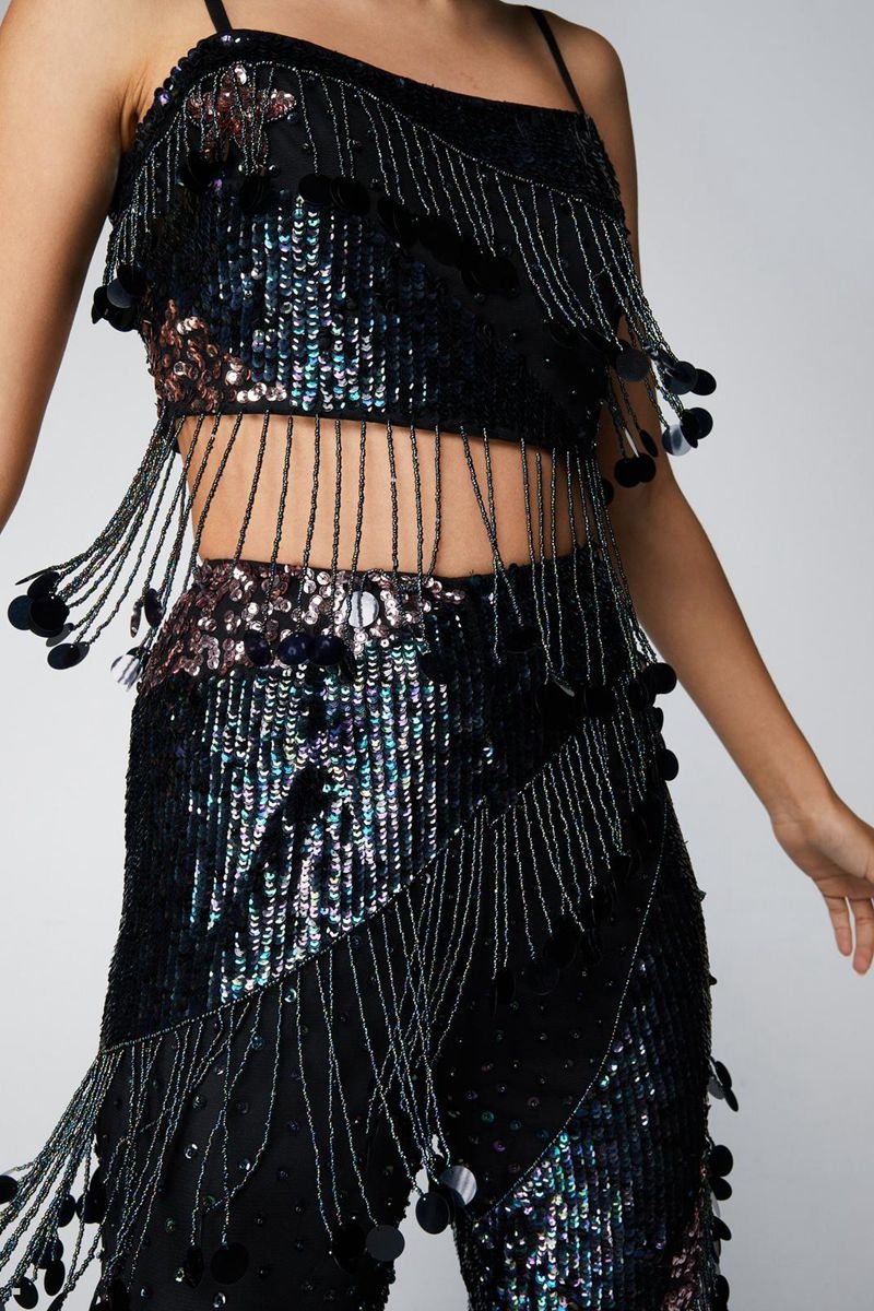 Crop Top Nasty Gal Disc Sequin Tassel Beaded Černé | CZ 6103-NXPUW