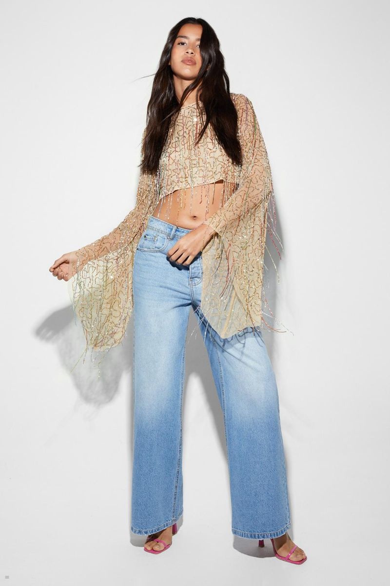 Crop Top Nasty Gal Flare Sleeve Tassel Sequin Žluté | CZ 2046-GCPRZ