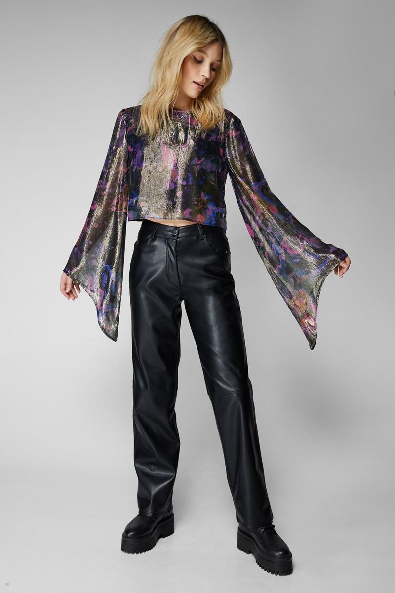 Crop Top Nasty Gal Metallic Marble Flare Sleeve Viacfarebný | CZ 0769-NPVTZ