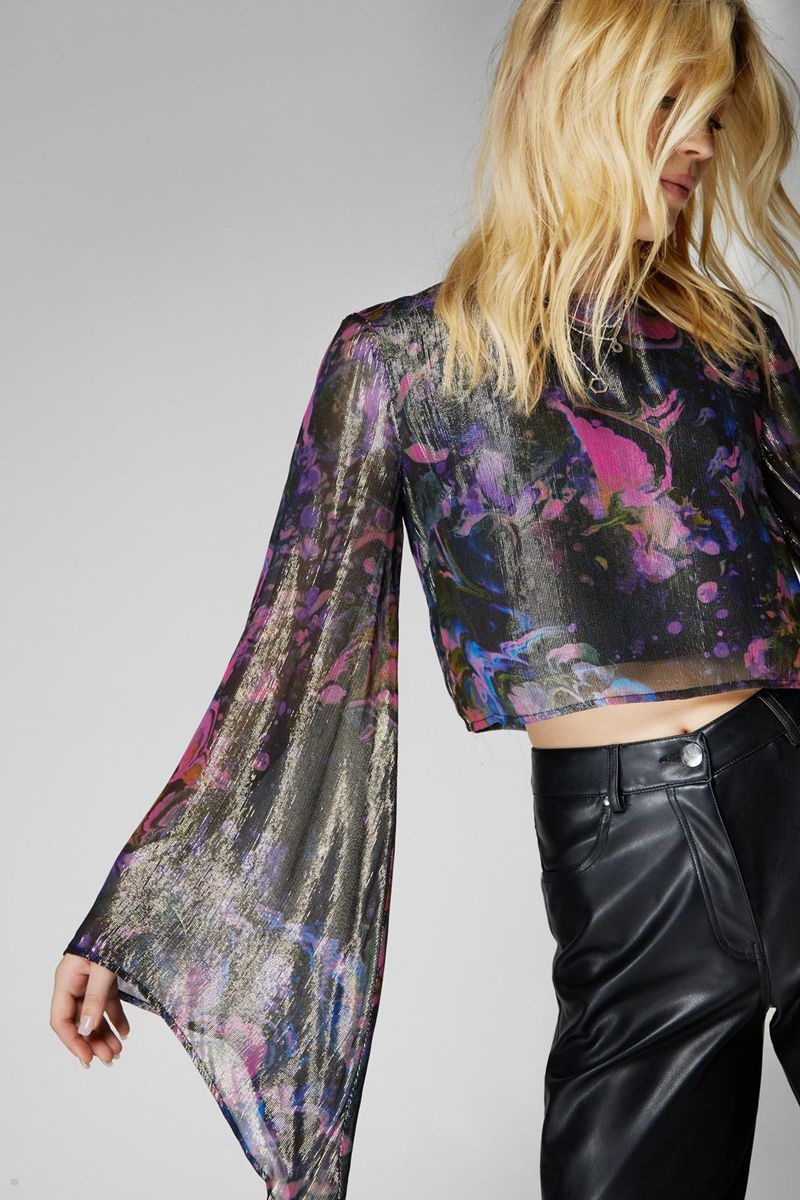 Crop Top Nasty Gal Metallic Marble Flare Sleeve Viacfarebný | CZ 0769-NPVTZ