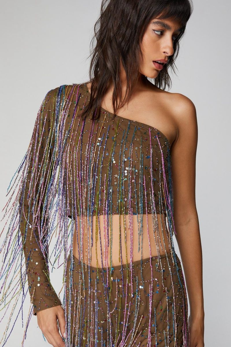 Crop Top Nasty Gal One Shoulder Tassel Beaded Viacfarebný | CZ 0976-KZVHI