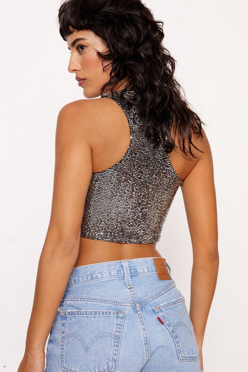 Crop Top Nasty Gal Sequin Fringe Hem Stříbrné | CZ 5316-KCRUJ