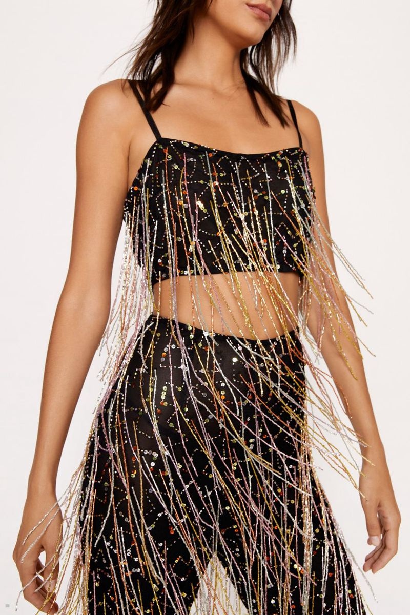 Crop Top Nasty Gal Sequin Tassel Beaded Černé | CZ 8137-QSAEP