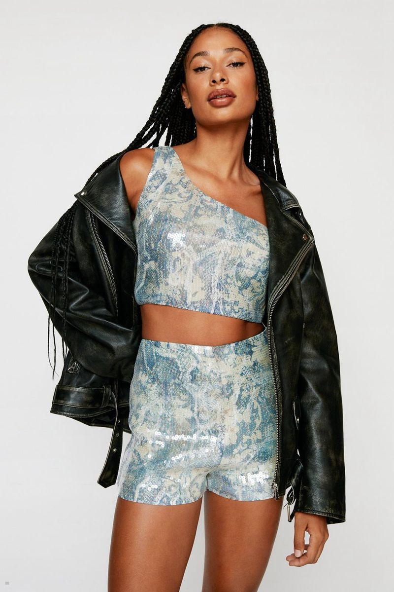 Crop Top Nasty Gal Snake Sequin One Shoulder Hadí Kůže | CZ 8723-TRAGC