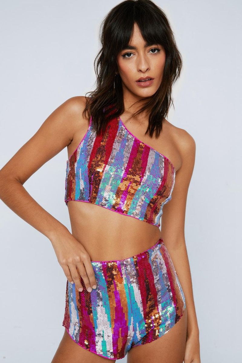 Crop Top Nasty Gal Stripe Sequin Co-Ord One Shoulder Viacfarebný | CZ 6541-SUNAV