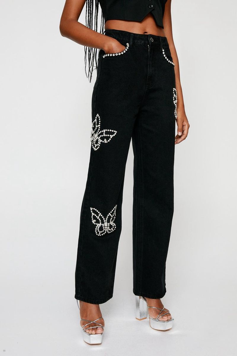 Džíny Nasty Gal Butterfly Diamante Embellished Rovný Leg Černé | CZ 9174-XIYKC