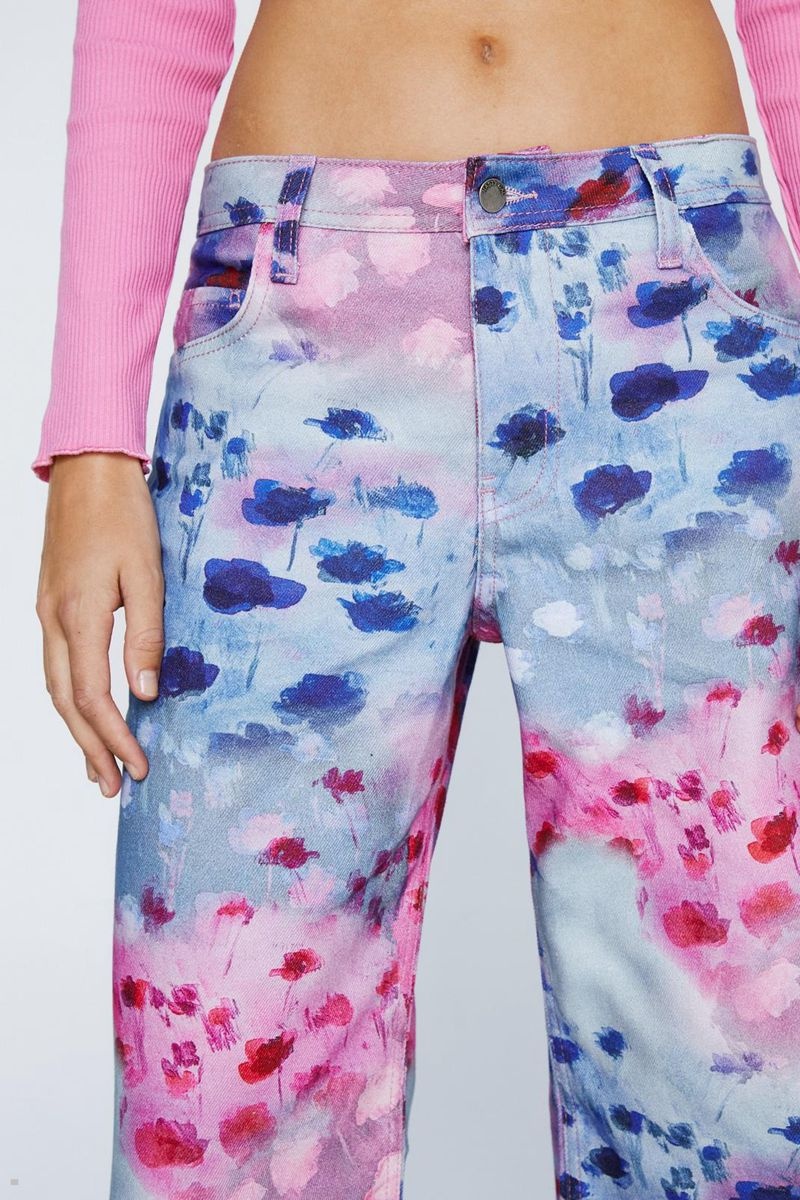 Džíny Nasty Gal Floral Print Slouchy Široké Leg Růžové | CZ 6185-CJATY