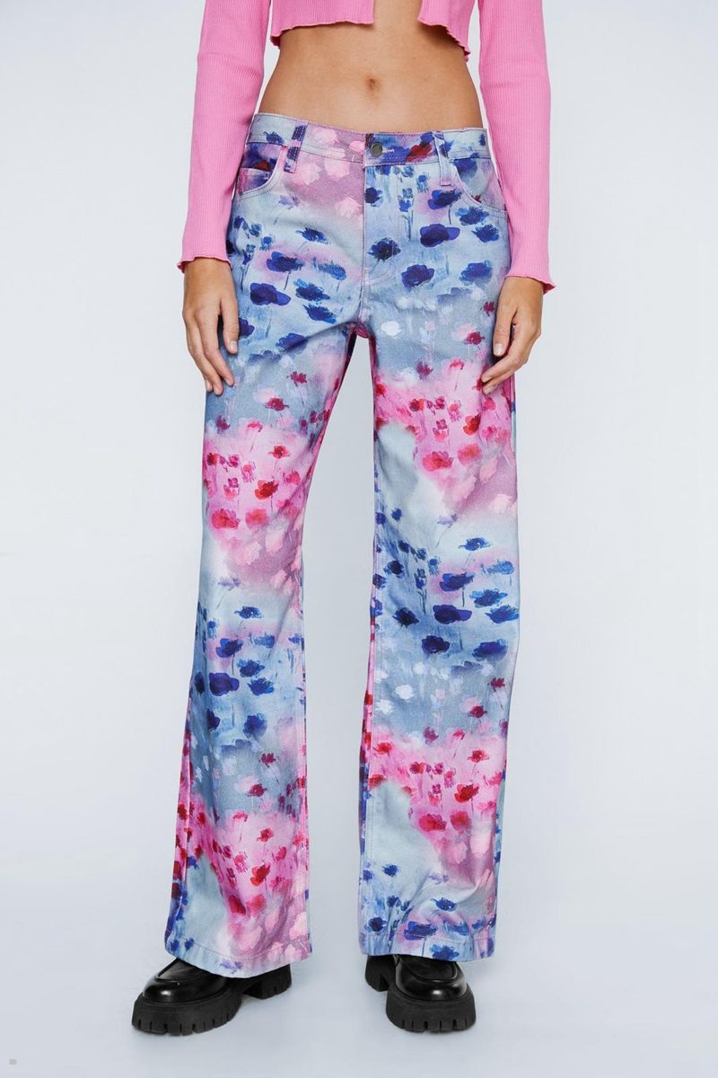 Džíny Nasty Gal Floral Print Slouchy Široké Leg Růžové | CZ 6185-CJATY