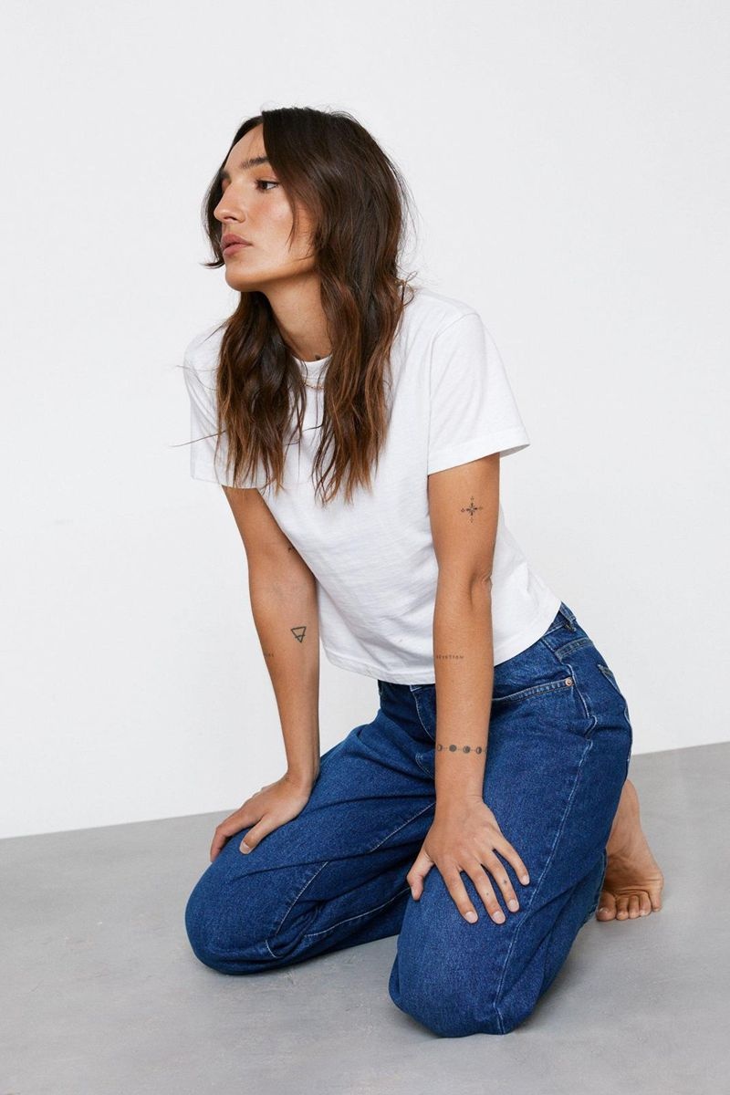 Džíny Nasty Gal Petite High Pasem Denim Mom Blankyt | CZ 5018-WHJRN