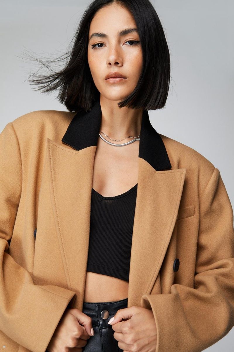 Kabáty Nasty Gal Contrast Collar Vlna Look Tailored Hnědé | CZ 5897-RIQTN