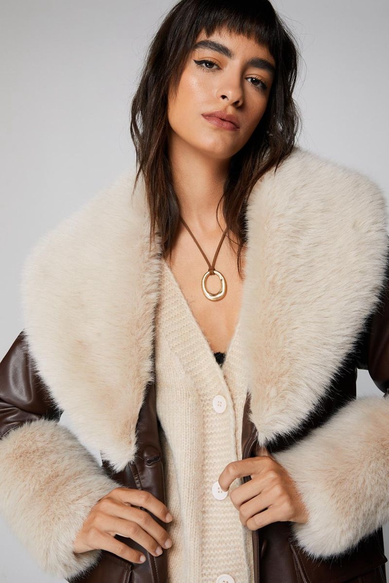 Kabáty Nasty Gal Faux Fur Trim Faux Læder Trench Čokolády | CZ 7146-BCEMX