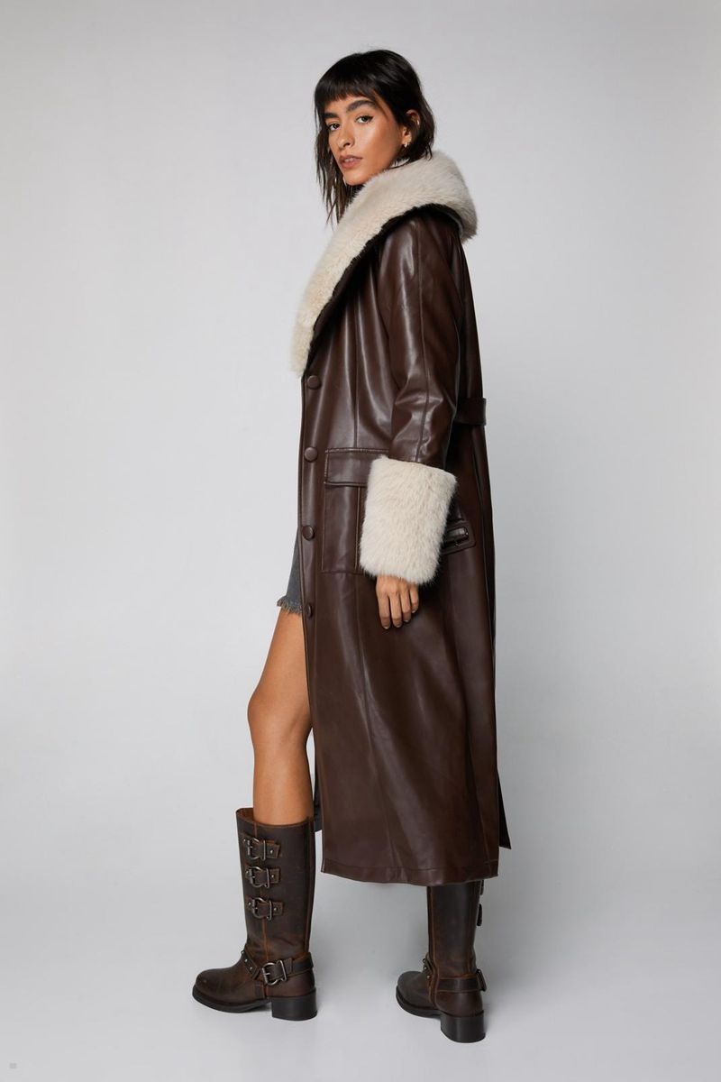 Kabáty Nasty Gal Faux Fur Trim Faux Læder Trench Čokolády | CZ 7146-BCEMX