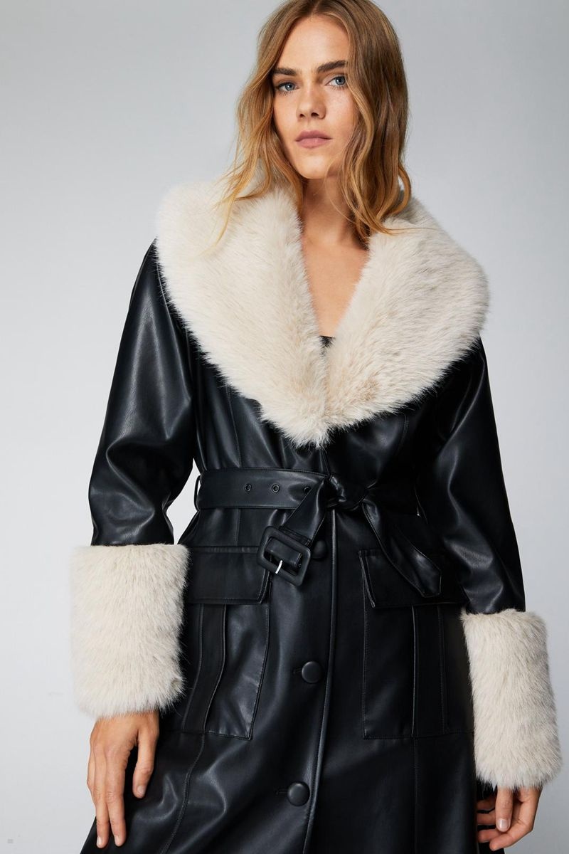 Kabáty Nasty Gal Faux Fur Trim Faux Læder Trench Černé | CZ 4379-XFMYP