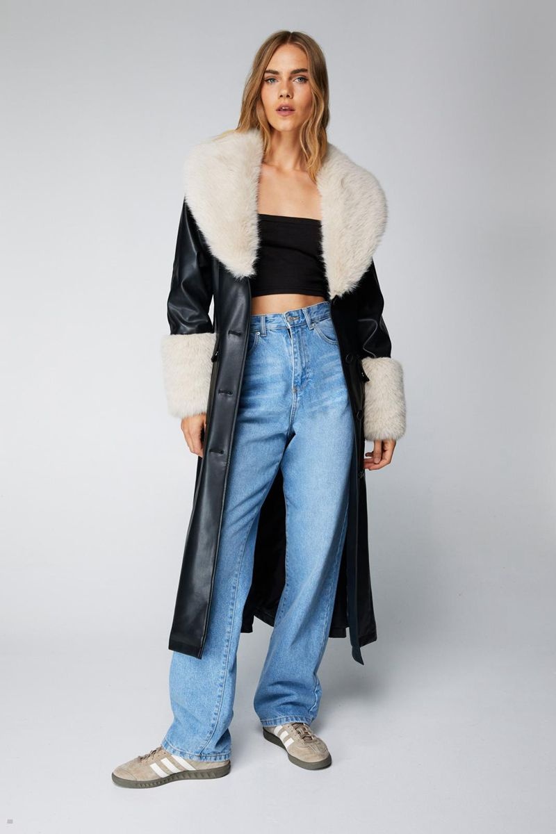 Kabáty Nasty Gal Faux Fur Trim Faux Læder Trench Černé | CZ 4379-XFMYP