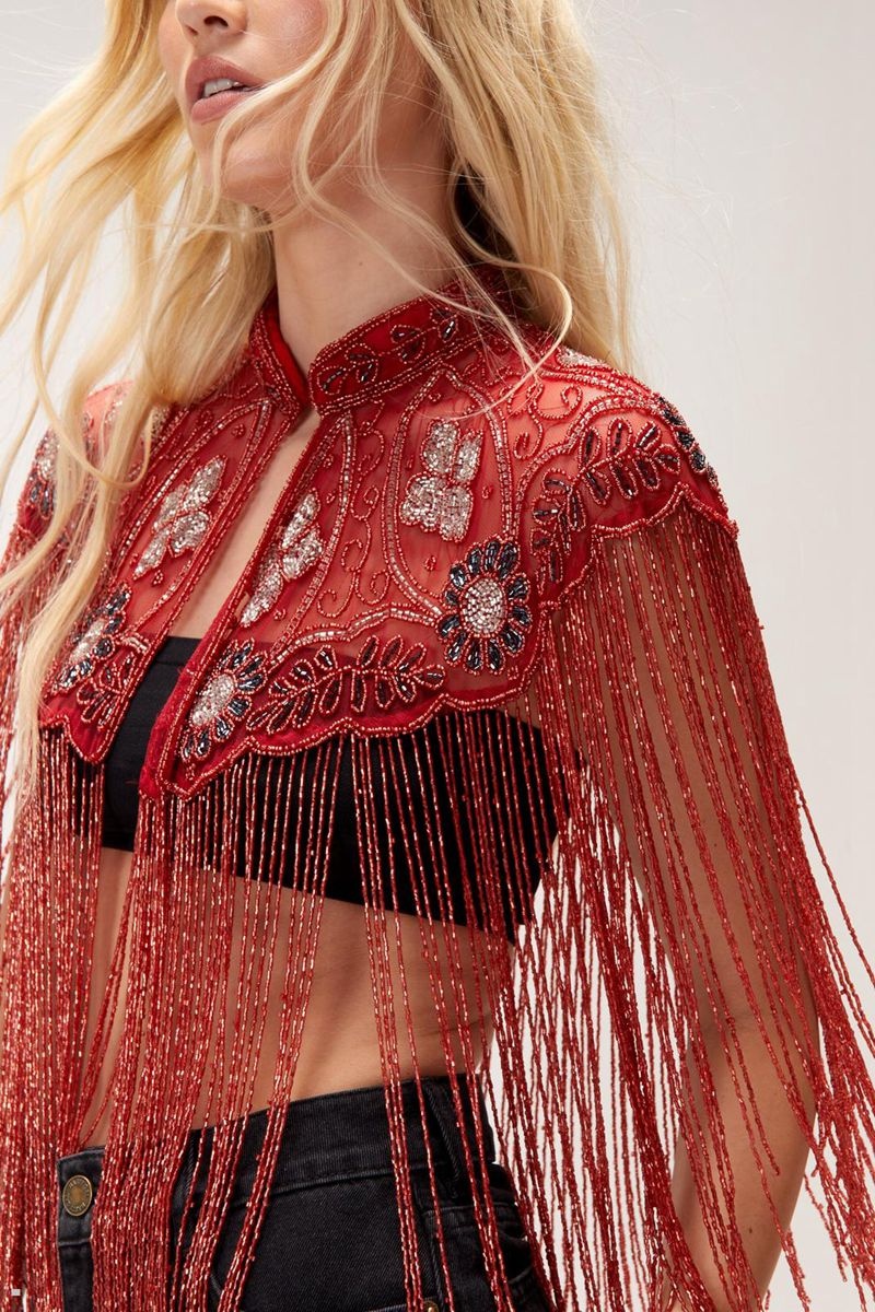 Kabáty Nasty Gal Floral Embellished Beaded Tassel Cape Červené | CZ 7051-HYPET