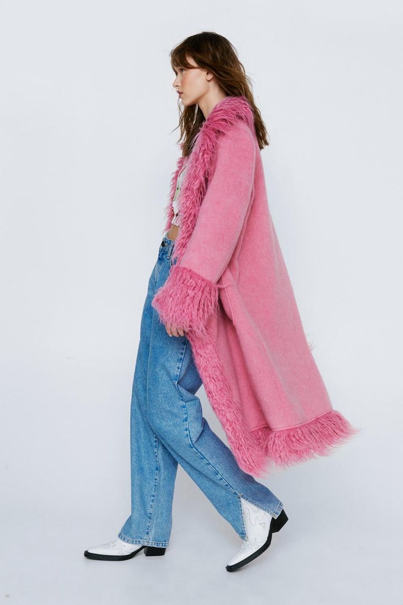 Kabáty Nasty Gal Petite Faux Shearling Fur Trim Vlna Růžové | CZ 9152-UAQFL