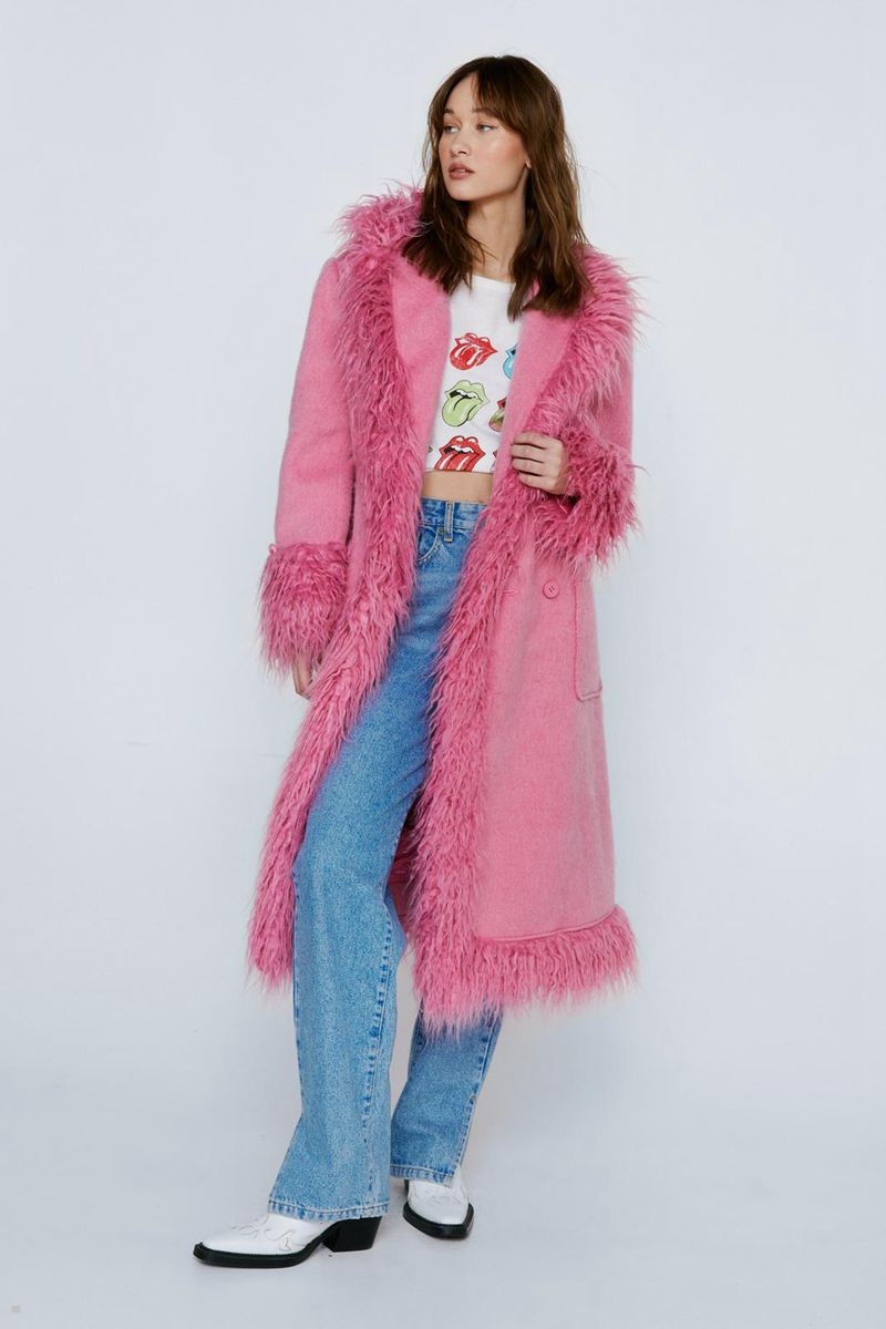 Kabáty Nasty Gal Petite Faux Shearling Fur Trim Vlna Růžové | CZ 9152-UAQFL