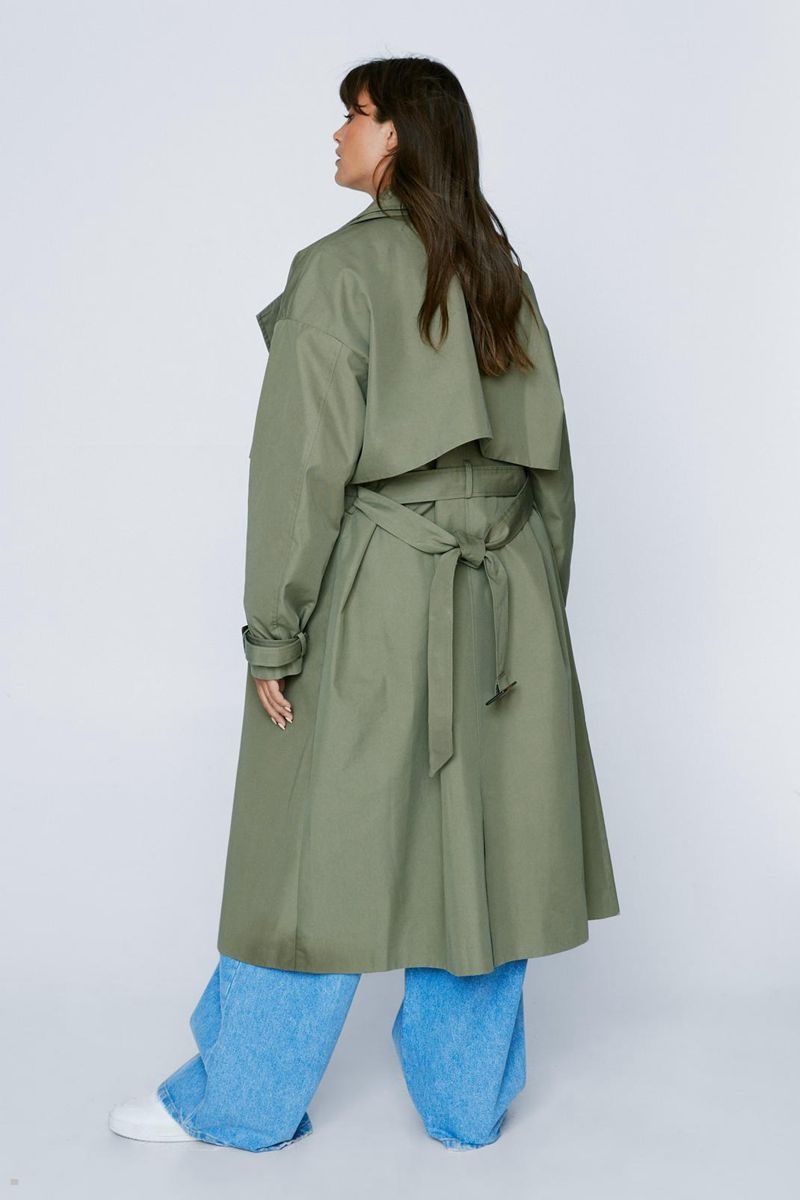 Kabáty Nasty Gal Plus Velikost Premium Double Layer Twill Trench Olivy Zelené | CZ 7581-MTWXZ