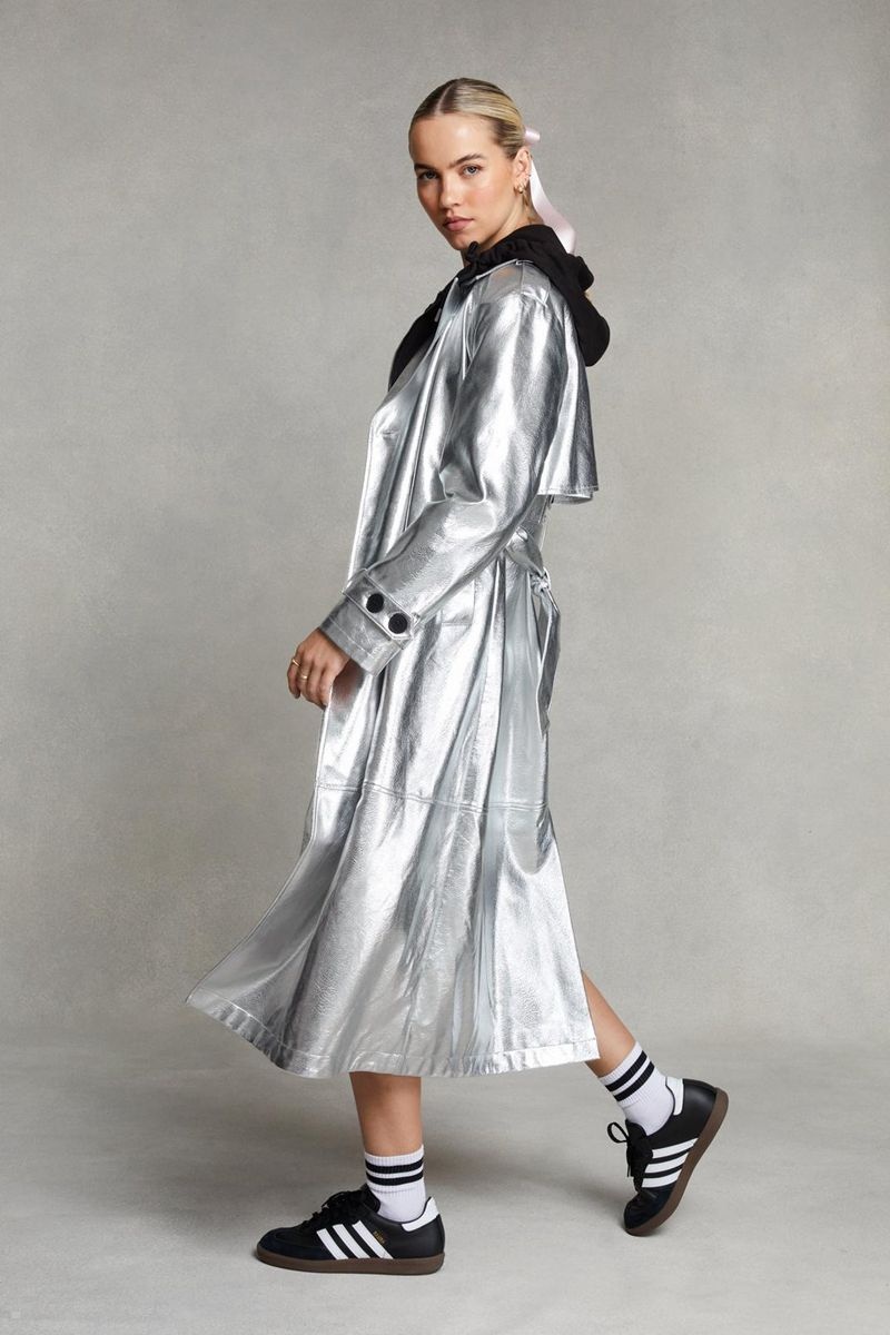 Kabáty Nasty Gal Premium Metallic Faux Læder Trench Stříbrné | CZ 8503-MEDIP