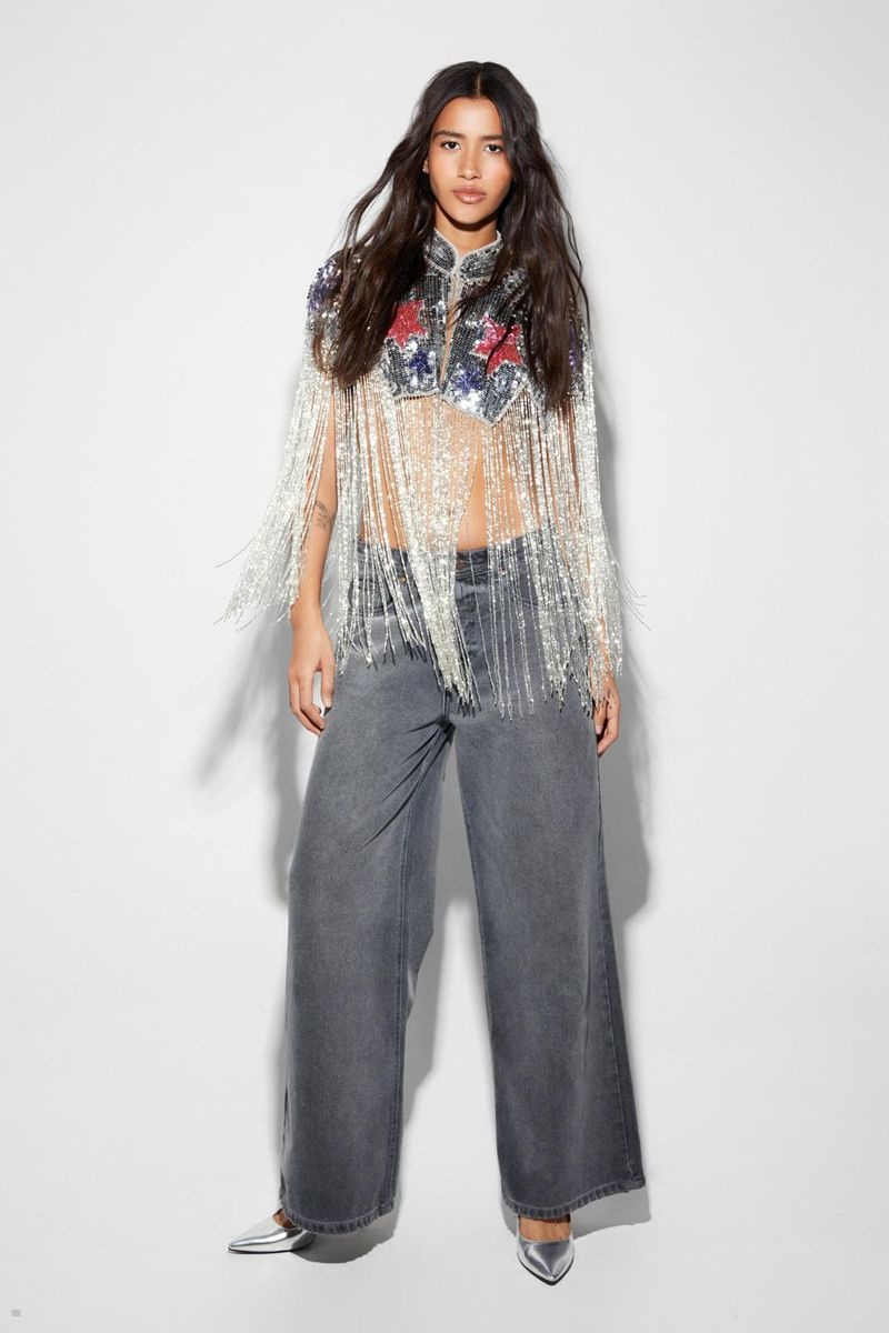 Kabáty Nasty Gal Sequin Star Embellished Tassel Beaded Cape Stříbrné | CZ 0249-YQEVS