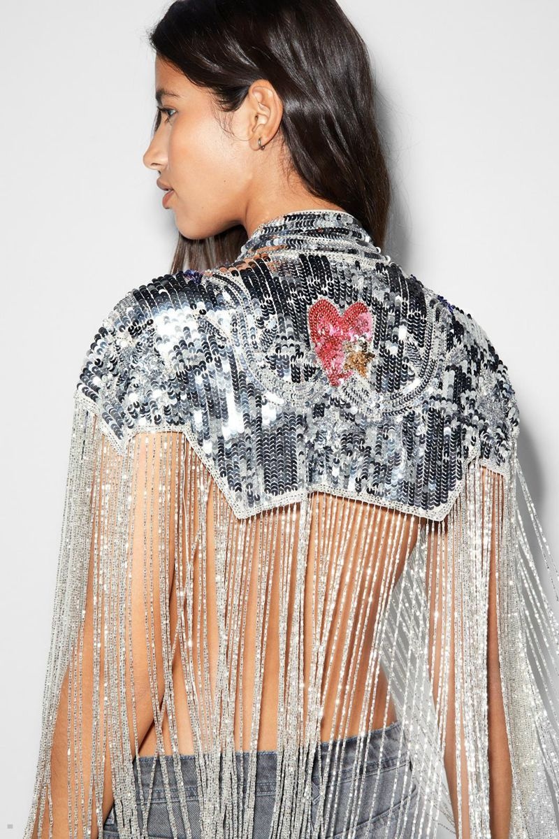 Kabáty Nasty Gal Sequin Star Embellished Tassel Beaded Cape Stříbrné | CZ 0249-YQEVS