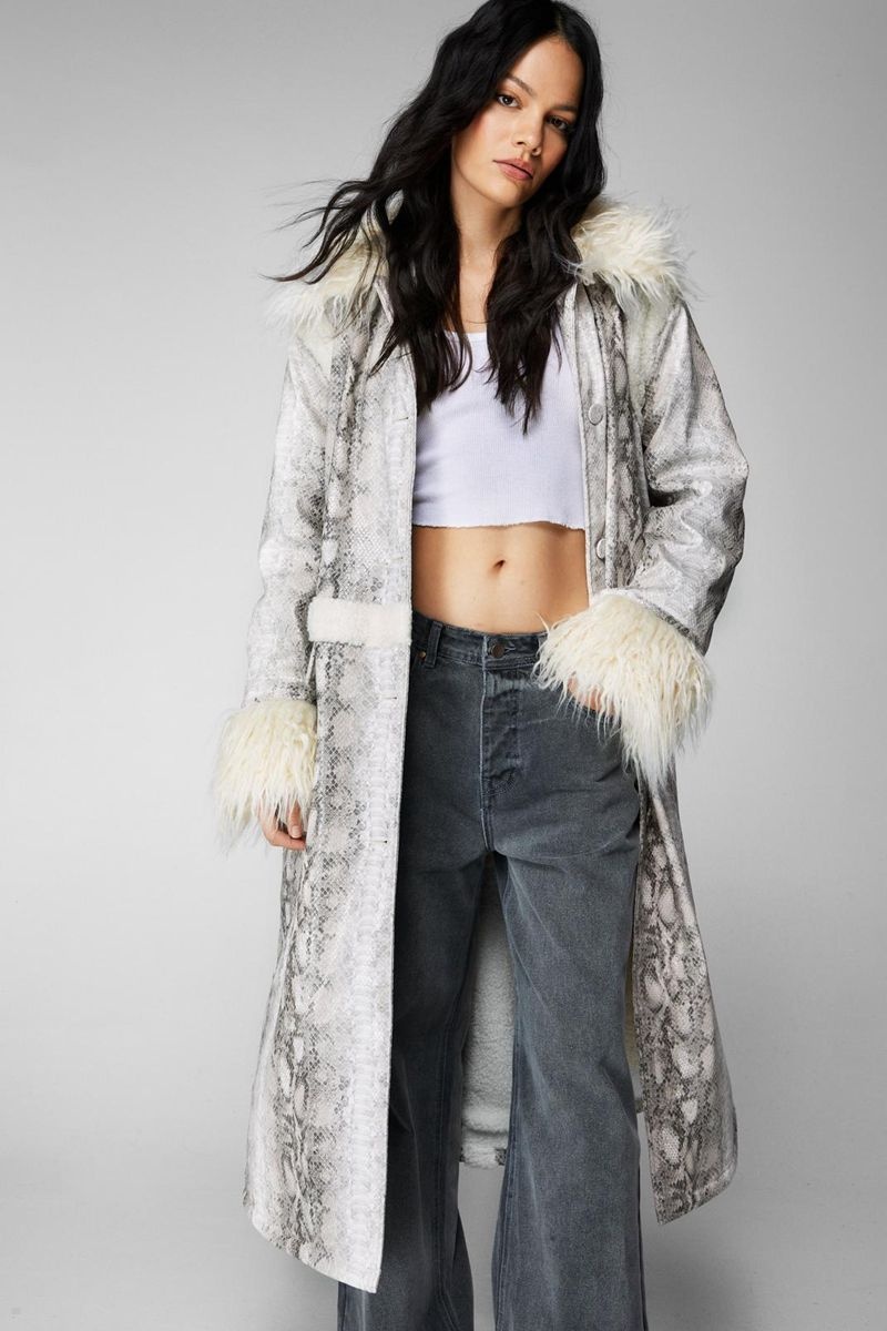 Kabáty Nasty Gal Snake Print Shearling Trim Longline Aviator Béžový | CZ 6203-DHGQA