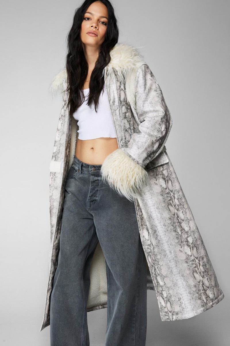 Kabáty Nasty Gal Snake Print Shearling Trim Longline Aviator Béžový | CZ 6203-DHGQA