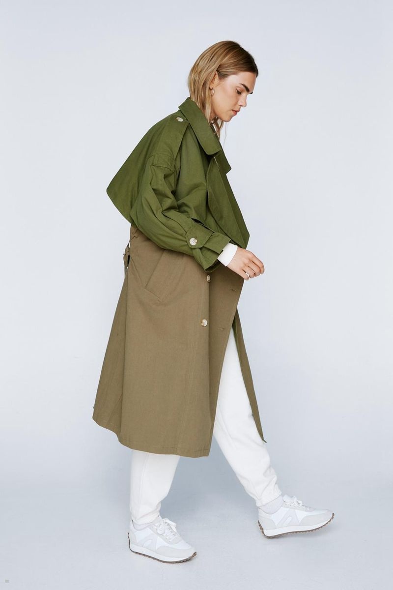 Kabáty Nasty Gal Two Tone Belted Oversized Trench Olivy Zelené | CZ 1479-SYZWO