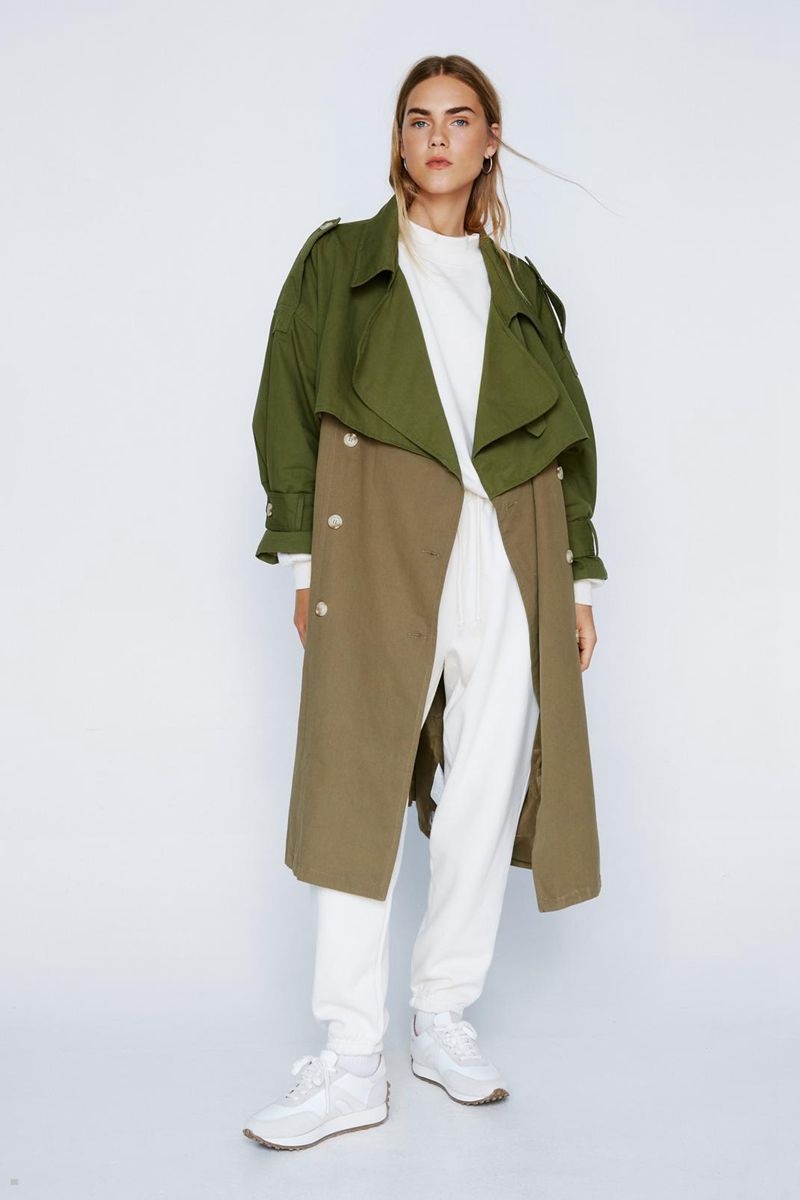 Kabáty Nasty Gal Two Tone Belted Oversized Trench Olivy Zelené | CZ 1479-SYZWO