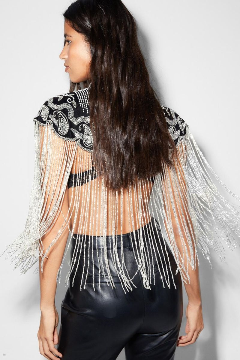 Kabáty Nasty Gal Velvet Beaded Tassel Cape Černé | CZ 8540-SATZR